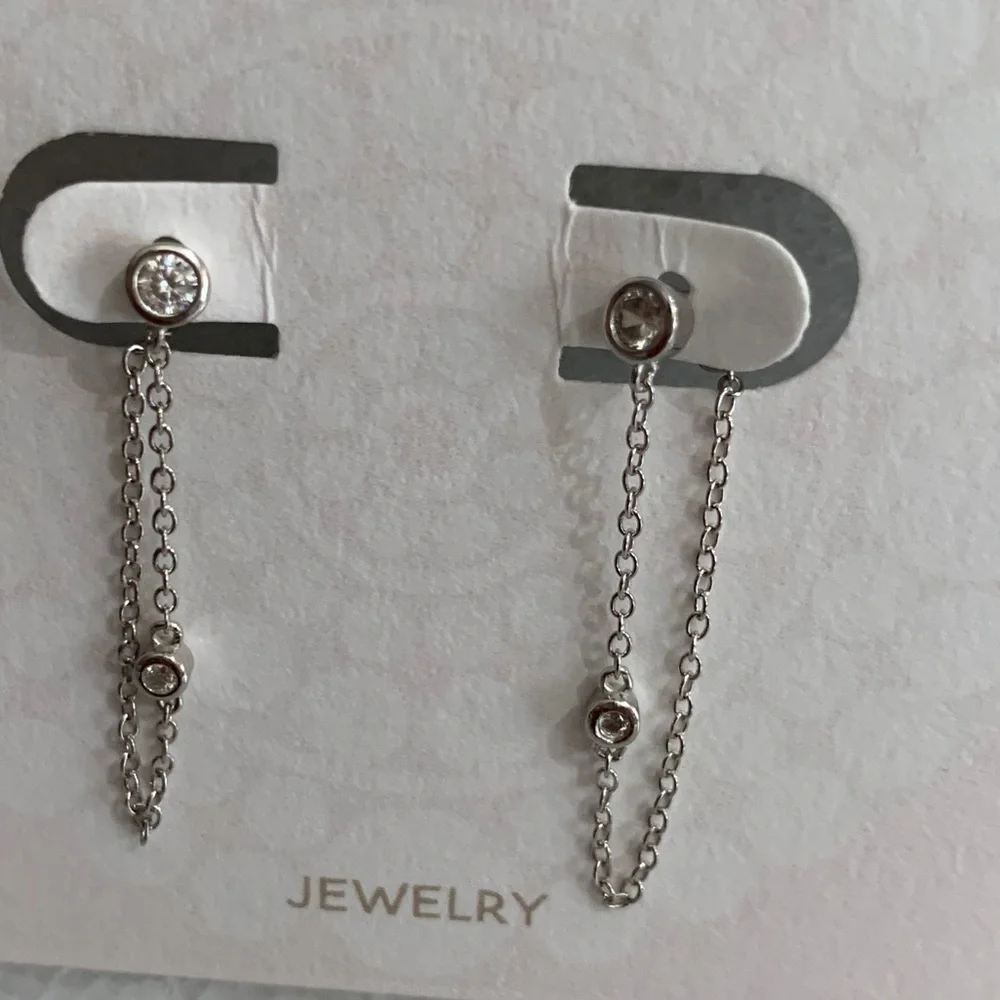 Sterling Silver Crystal Chain Loop Earrings - Picture 2 of 3